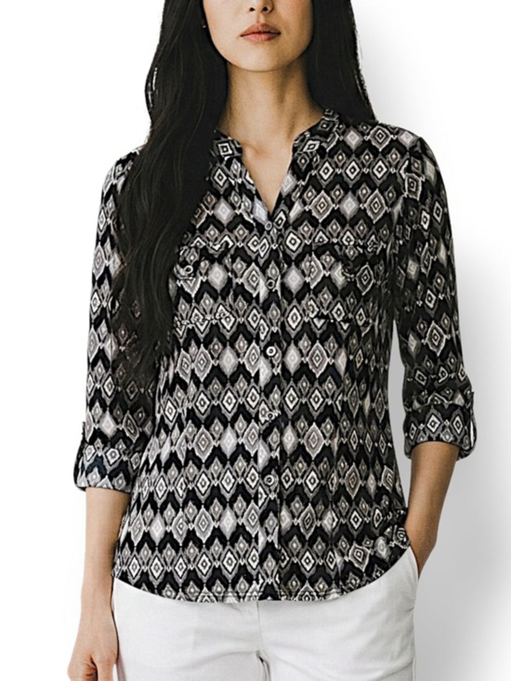 4/$20 Carol Rose Black Gray Geometric Print 3/4 Sleeve Blouse Small